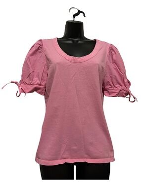 Ann Taylor Pink Puff Sleeve Scoop Neck Tee with Tie Cuffs